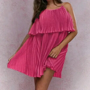 Hot Pink Casual Women's Tiered Pleated Ruffle Cami Mini Dress